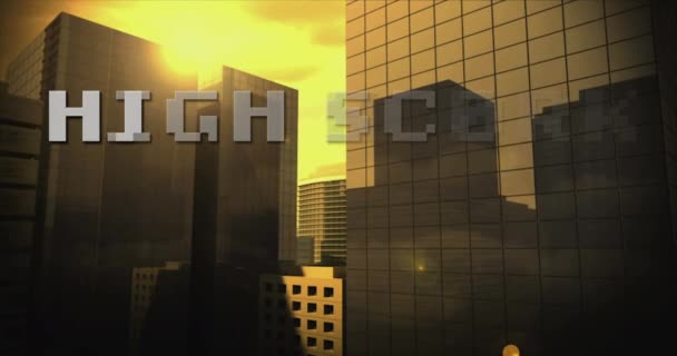 Animation White Pixel Κείμενο Υψηλή Βαθμολογία Πάνω Από Σύγχρονη Ηλιοβασίλεμα — Αρχείο Βίντεο