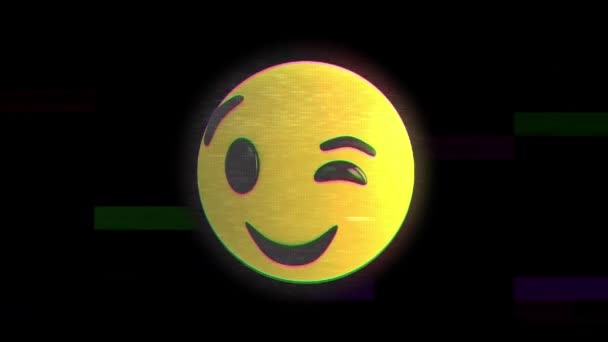 Animación Digital Efecto Glitch Sobre Emoji Cara Guiño Contra Fondo — Vídeos de Stock