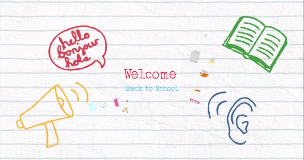 Okul Eşyalarının Ikonları Üzerinden Okula Hoş Geldin Mesajı Animasyonu Eğitim — Stok video