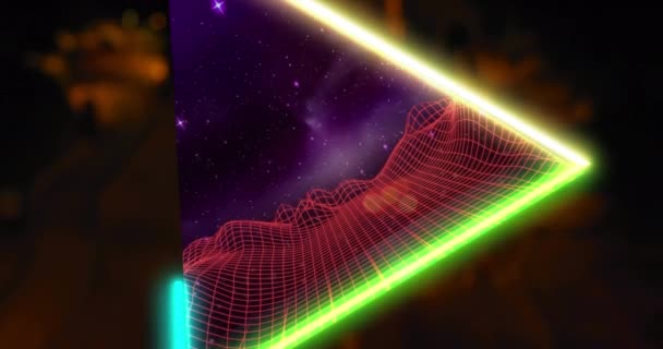 Animatie Van Gloeiende Neon Driehoek Raster Kaartlijnen Video Game Entertainment — Stockvideo