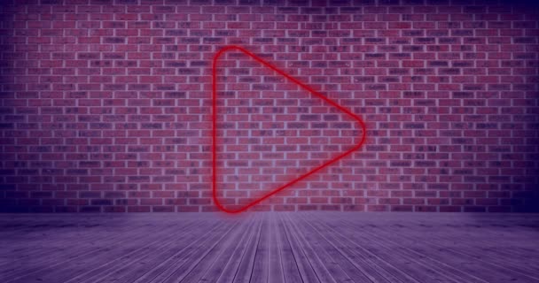 Animation Neon Play Icon Brick Wall Background Social Media Connections — Stock Video