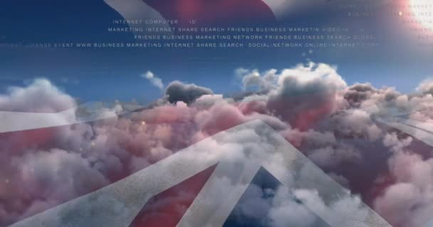 文字和英国国旗在云彩和天空中的动画 全球社交媒体 通信和技术概念 — 图库视频影像