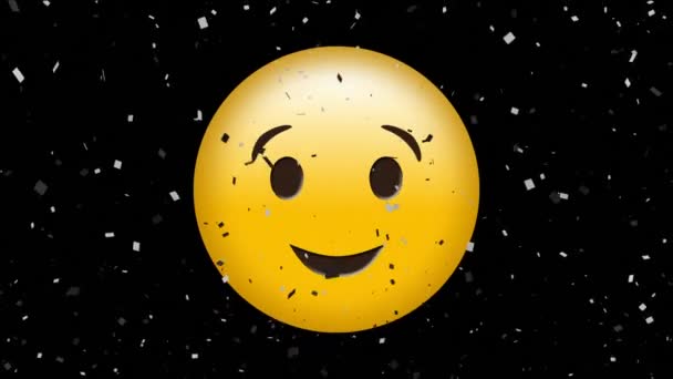 Animación Confeti Cayendo Sobre Emoji Sonriente Icono Sobre Fondo Negro — Vídeos de Stock