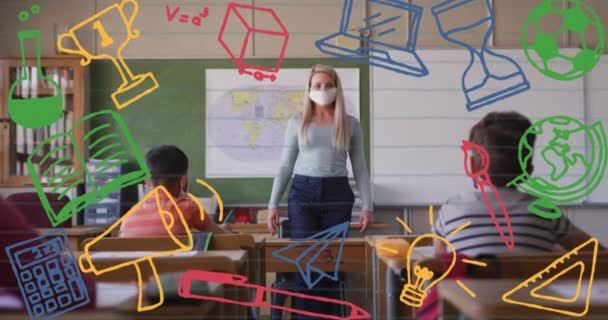 Animatie Van Schoolartikelen Pictogrammen Verplaatsen Schoolkinderen Onderwijs Ontwikkeling Leerconcept Digitaal — Stockvideo