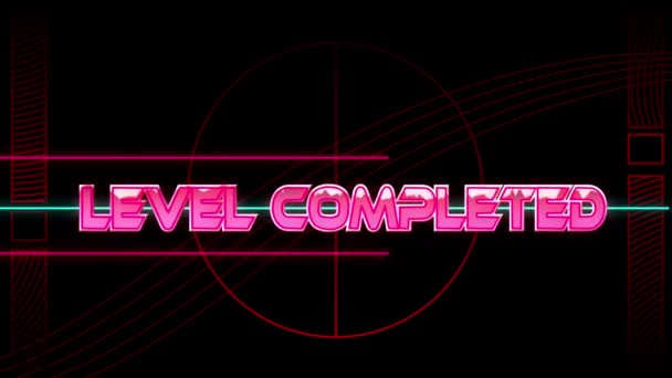 レベルのアニメーションは 黒のネオンライン上のピンクの金属でテキストを完了しました ビデオゲーム エンターテイメントとデジタルインターフェースの概念デジタル生成されたビデオ — ストック動画