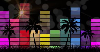 Grafik müziği dengeleyici arka planda palmiye ağaçlarının bileşimi. Yaz, müzik, egzotik doğa ve dijital olarak üretilen tatil konsepti.