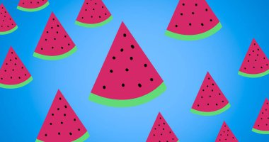 Mavi arka planda sıra sıra karpuz dilimleri. yaz, meyve ve renk kavramı dijital olarak oluşturulmuş görüntü.