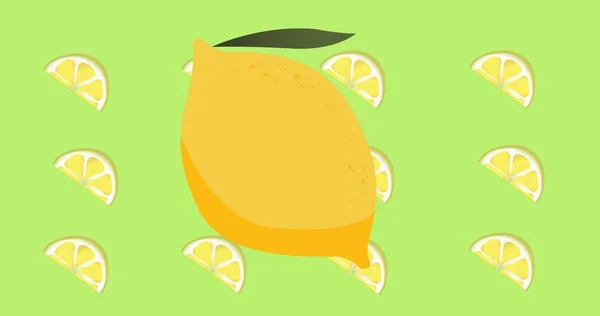 レモンの組成物と緑の背景にレモンスライスの行 夏と果実と色のコンセプトがデジタルで生成され — ストック写真