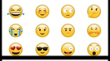 Beyaz arkaplanda kayan kare ve beyaz halkaların on iki farklı emojinin üzerinde hareket edişinin animasyonu. küresel sosyal medya ve iletişim konsepti dijital olarak oluşturulmuş video.