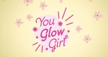 Uçan çiçeklerin üzerinde ışıldayan kız mesajının animasyonu. Kız gücü, pozitif kadın gücü ve dijital olarak oluşturulan bağımsızlık kavramı.