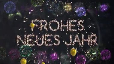 Havai fişek ve balonların Frohes Neues Jahr 'ın siyah arkaplandaki hali. parti ve kutlama konsepti.