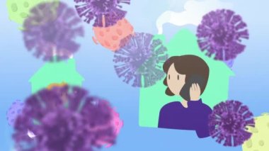 Covid 19 hücrenin ve telefon kullanan insanların animasyonu. küresel covid 19 salgın konsepti dijital olarak oluşturulmuş video.