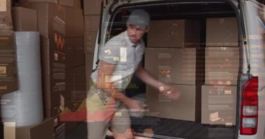 Teslimatçı ve minibüsle ilgili istatistik ve finansal veri işleme animasyonları. küresel gönderim, dağıtım, iş, veri işleme ve teknoloji konsepti dijital olarak oluşturulmuş video.