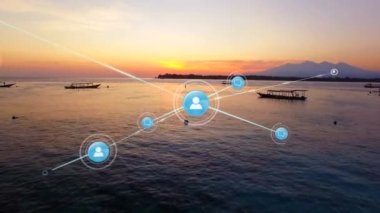 Deniz ve gökyüzü üzerindeki simgelerle bağlantı ağlarının animasyonu. küresel çevrimiçi bağlantılar, veri işleme ve dijital arayüz kavramı dijital olarak oluşturulmuş video.