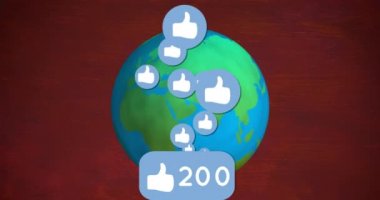 Kırmızı arkaplana karşı dönen dünya üzerinde artan sayılara sahip ikonlar gibi. Sosyal medya ağı ve teknoloji kavramı