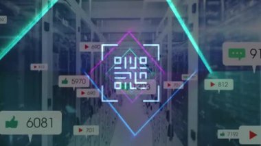 Sosyal medya simgeleri üzerinden qr kodunun canlandırılması. Dijital güvenlik ve kimlik, dijital arayüz ve veri işleme kavramı dijital olarak oluşturuldu.