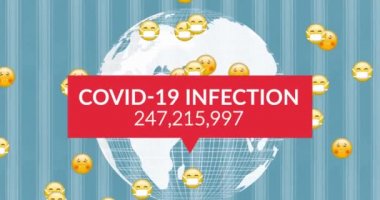 Covid-19 enfeksiyon metni. Mavi arka planda dünya ile yüz ifadeleri üzerinde artan vakalar var. Coronavirus covid-19 salgın konsepti