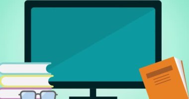 Yeşil zemin üzerinde dijital kitapların ve bilgisayar simgelerinin animasyonu. okul, eğitim ve öğrenim konsepti dijital olarak oluşturulmuş video.