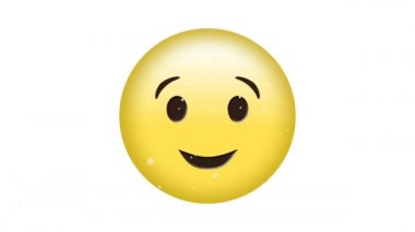 Beyaz arka plana düşen konfeti üzerine mutlu emoji ikonu animasyonu. küresel sosyal medya ve iletişim konsepti dijital olarak oluşturulmuş video.