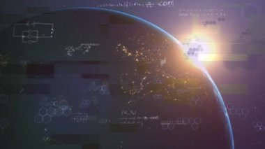 Matematiksel denklemler ve kimyasal yapılar mavi zemin üzerinde yüzüyor. Coronavirus covid-19 salgın konsepti