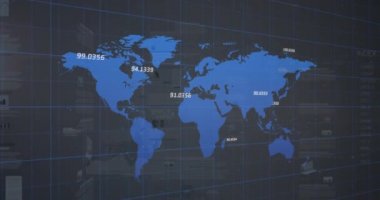 Dünya haritasında finansal veri işleme animasyonu. küresel iş, bağlantılar, dijital arayüz ve teknoloji konsepti dijital olarak oluşturulmuş video.