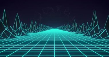 Neon yeşil şebeke ağının dijital animasyonu ve mavi arkaplana karşı 3D yapılar. doku ve tasarım ile teknoloji arkaplanı