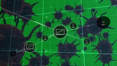 Şebeke ağı üzerinden dijital simge ağı ile yeşil zemin üzerinde çoklu covid-19 hücreleri karşı karşıya. Coronavirus covid-19 salgın konsepti