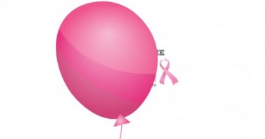 Pembe kurdele logosu ve göğüs kanseri metninin üzerinde uçan pembe balonun animasyonu. Göğüs kanseri pozitif farkındalık kampanyası konsepti dijital olarak üretildi.