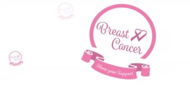 Beyaz arka planda birden fazla pembe kurdele logosu ve göğüs kanseri metni görünüyor. Göğüs kanseri pozitif farkındalık kampanyası konsepti dijital olarak üretildi.