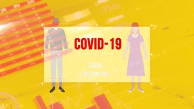 Animation of covid 19 text over people and statistics. global covid 19 pandemic concept digitally generated video.