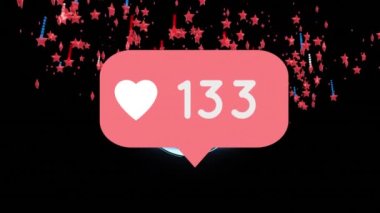 Amerikan bayrağı renklerinde kayan yıldız ve noktaların üzerinde yükselen sayıyla kalp aşk ikonu. İletişim, vatanseverlik ve sosyal ağ konsepti dijital olarak oluşturulmuş video.