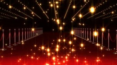 Kırmızı halı mekânına düşen altın parıldayan noktaların animasyonu. eğlence, ödül töreni ve dijital olarak üretilen video konsepti.