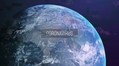 Mavi zemin üzerinde küresel denklemlere karşı Coronavirus metin afişi. Coronavirus covid-19 salgın konsepti