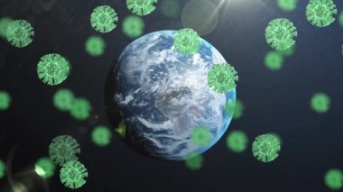 Dünya üzerinde yüzen kovid 19 hücrenin animasyonu. küresel covid 19 salgın konsepti dijital olarak oluşturulmuş video.