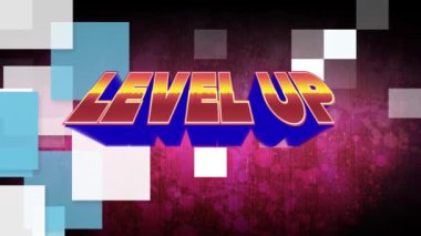 Animation of level up text in red and blue letters over squares. video game, entertainment and digital interface concept digitally generated video.