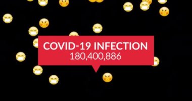 Yüz ifadelerinin üzerindeki artan sayıların siyah arkaplana düştüğü Covid-19 enfeksiyon metni. Coronavirus covid-19 salgın konsepti
