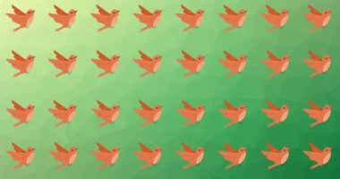Yeşil arka planda hareket eden sıra sıra tropik kuşların animasyonu. Doğa, tropikal kuş, yaz ve tatil konsepti dijital olarak üretilen video.