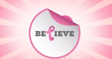 Pembe kurdele logosu üzerinde uçan pembe balon animasyonu ve inanış metni. Göğüs kanseri pozitif farkındalık kampanyası konsepti dijital olarak üretildi.