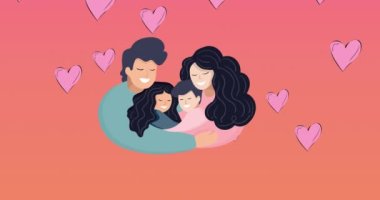 Kalp ikonlarının üzerine aile kompozisyonu. Mutlu aile, sevgi ve destek konsepti dijital olarak oluşturulmuş imaj.