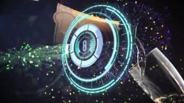 Havai fişek ve dürbünün animasyonu şampanyayı tarıyor ve siyah arka planda cama dökülüyor. parti ve kutlama konsepti.