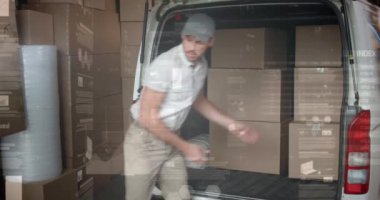 Teslimatçı ve minibüsle ilgili istatistik ve finansal veri işleme animasyonları. küresel gönderim, dağıtım, iş, veri işleme ve teknoloji konsepti dijital olarak oluşturulmuş video.