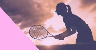 Tenis oynayan kadının üzerinde umut mesajı olan pembe kurdele logosu animasyonu. Göğüs kanseri pozitif farkındalık kampanyası konsepti dijital olarak üretildi.