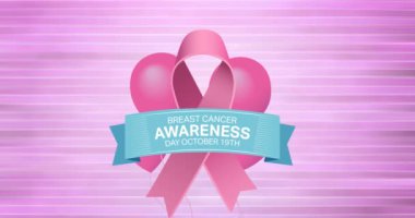 Pembe kurdele logosu ve göğüs kanseri metninin üzerinde uçan pembe balonların animasyonu. Göğüs kanseri pozitif farkındalık kampanyası konsepti dijital olarak üretildi.