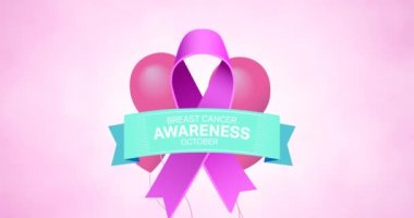 Pembe kurdele logosu ve göğüs kanseri metninin üzerinde uçan pembe balonların animasyonu. Göğüs kanseri pozitif farkındalık kampanyası konsepti dijital olarak üretildi.