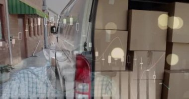 Teslimatçı ve minibüsle ilgili istatistik ve finansal veri işleme animasyonları. küresel gönderim, dağıtım, iş, veri işleme ve teknoloji konsepti dijital olarak oluşturulmuş video.