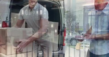 Teslimatçı ve minibüsle ilgili istatistik ve finansal veri işleme animasyonları. küresel gönderim, dağıtım, iş, veri işleme ve teknoloji konsepti dijital olarak oluşturulmuş video.