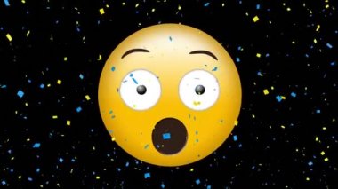 Beyaz arka planda düşen konfeti üzerine korkmuş emoji simgesi animasyonu. küresel sosyal medya ve iletişim konsepti dijital olarak oluşturulmuş video.