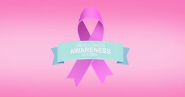 Pembe arka planda beliren pembe kurdele logosu ve göğüs kanseri metninin animasyonu. Göğüs kanseri pozitif farkındalık kampanyası konsepti dijital olarak üretildi.