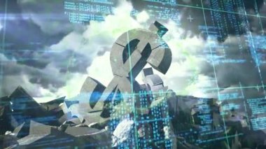 Mavi gökyüzündeki bulutlara karşı bozuk para birimi sembolü üzerinde veri işleme. küresel ekonomi ve durgunluk kavramı