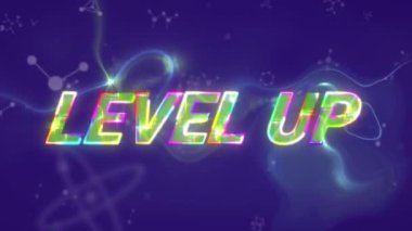 Metnin sıvı, parlayan, mavi arkaplan üzerinde canlandırması. Video oyunu, eğlence ve dijital arayüz kavramı dijital olarak oluşturuldu.